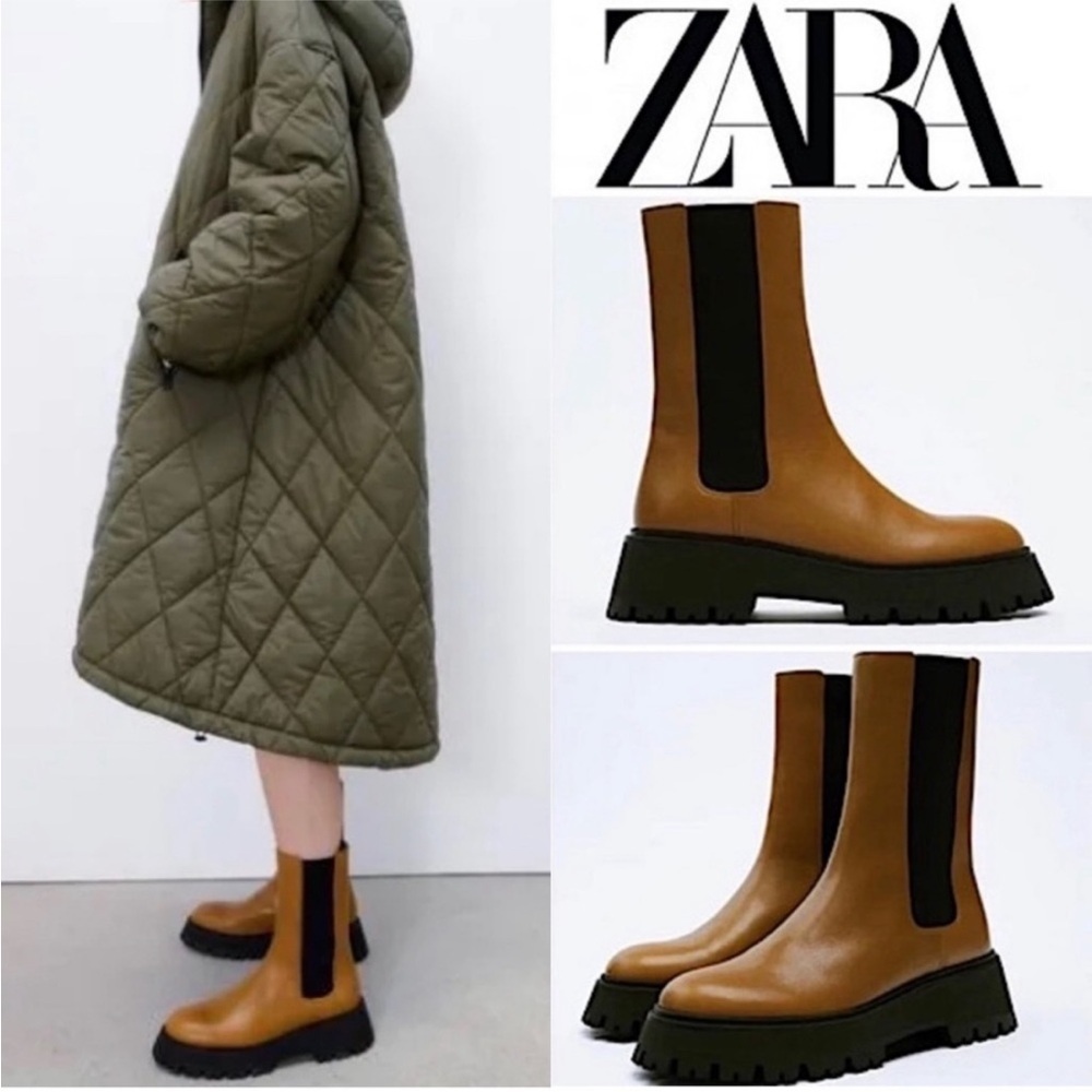 Zara Leather Lug Sole Chunky Ankle Chelsea Combat Boots Cognac Brown Black 37